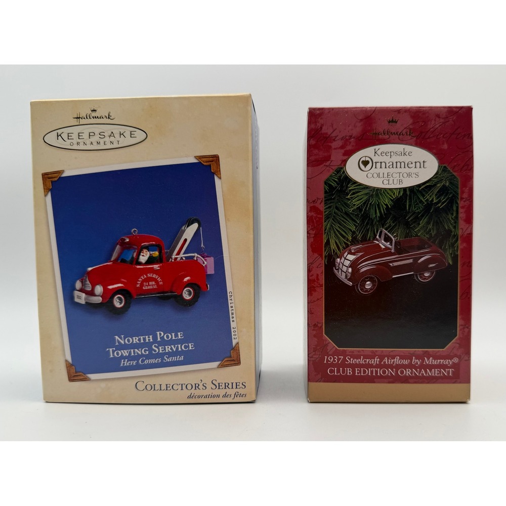 Hallmark Keepsake Ornaments 2002 North Pole Towing & 1997 Steelcraft Airflow Set